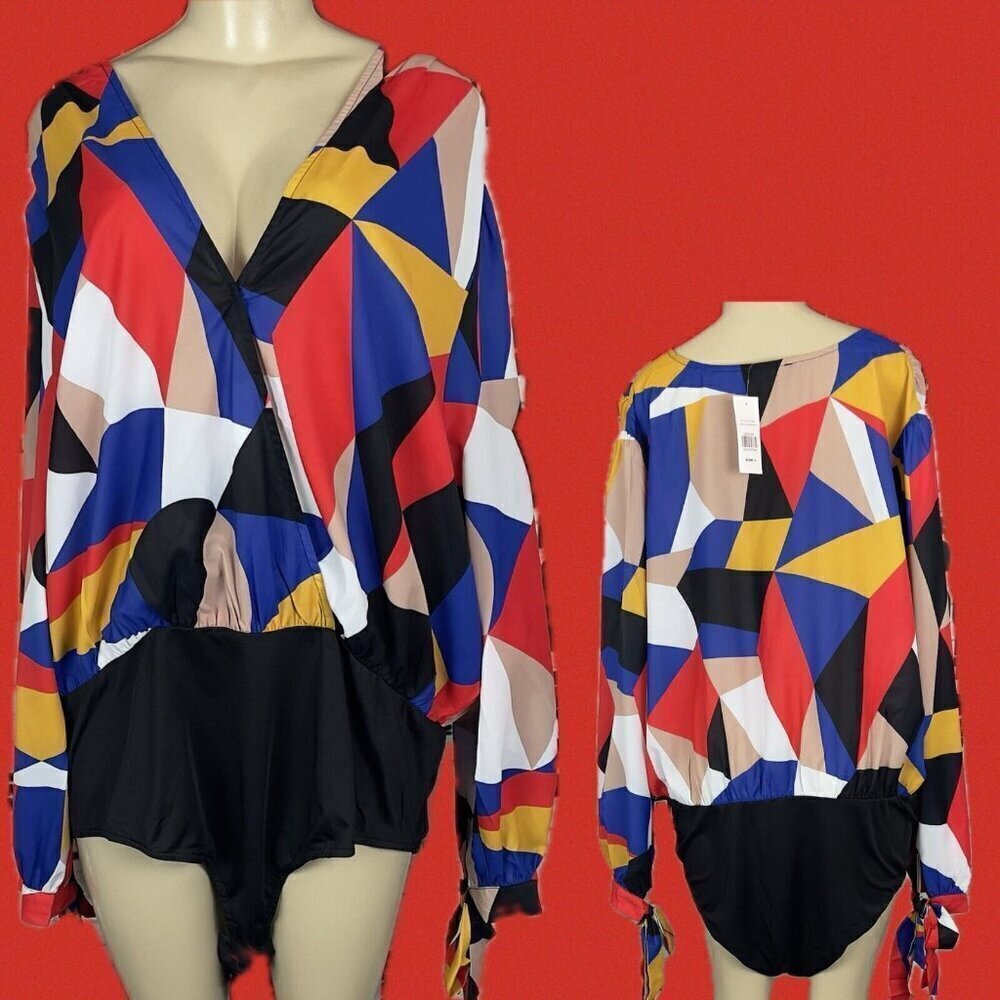 Fashion To Figure +3 Geometric Multi Surplice Neckline Long Tie Sleeve Bodysuit